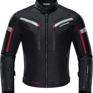 Jachetă de motocicletă, Jachetă de motocicletă cu protecție completăInstrucțiuni de îngrijireSe poate spăla la mașină cu apă caldă și se poate usca la temperatură scăzută CăptuşealăPoliester Tipul de închidereȘireturi